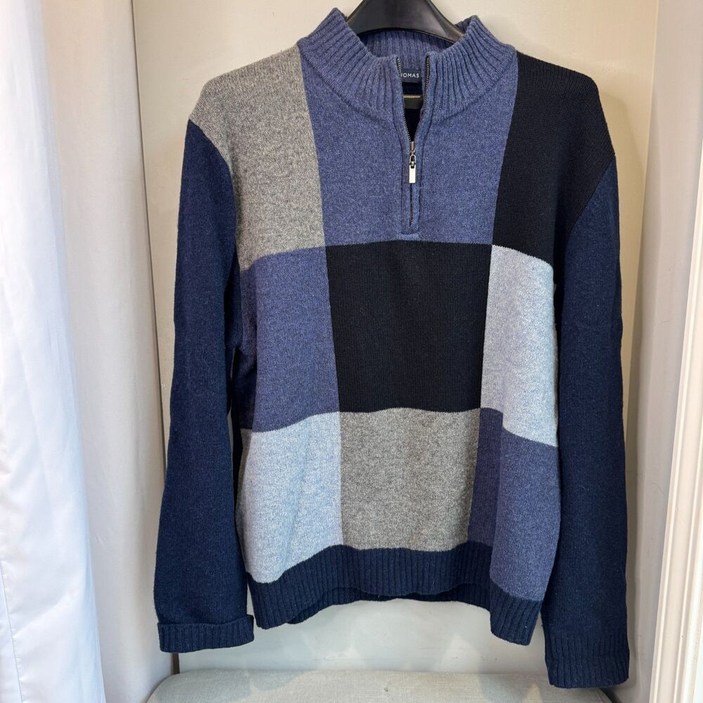 Grant Thomas Wool Sweater Men's L Blue Gray 1/4 Zip Mock Neck Pullover